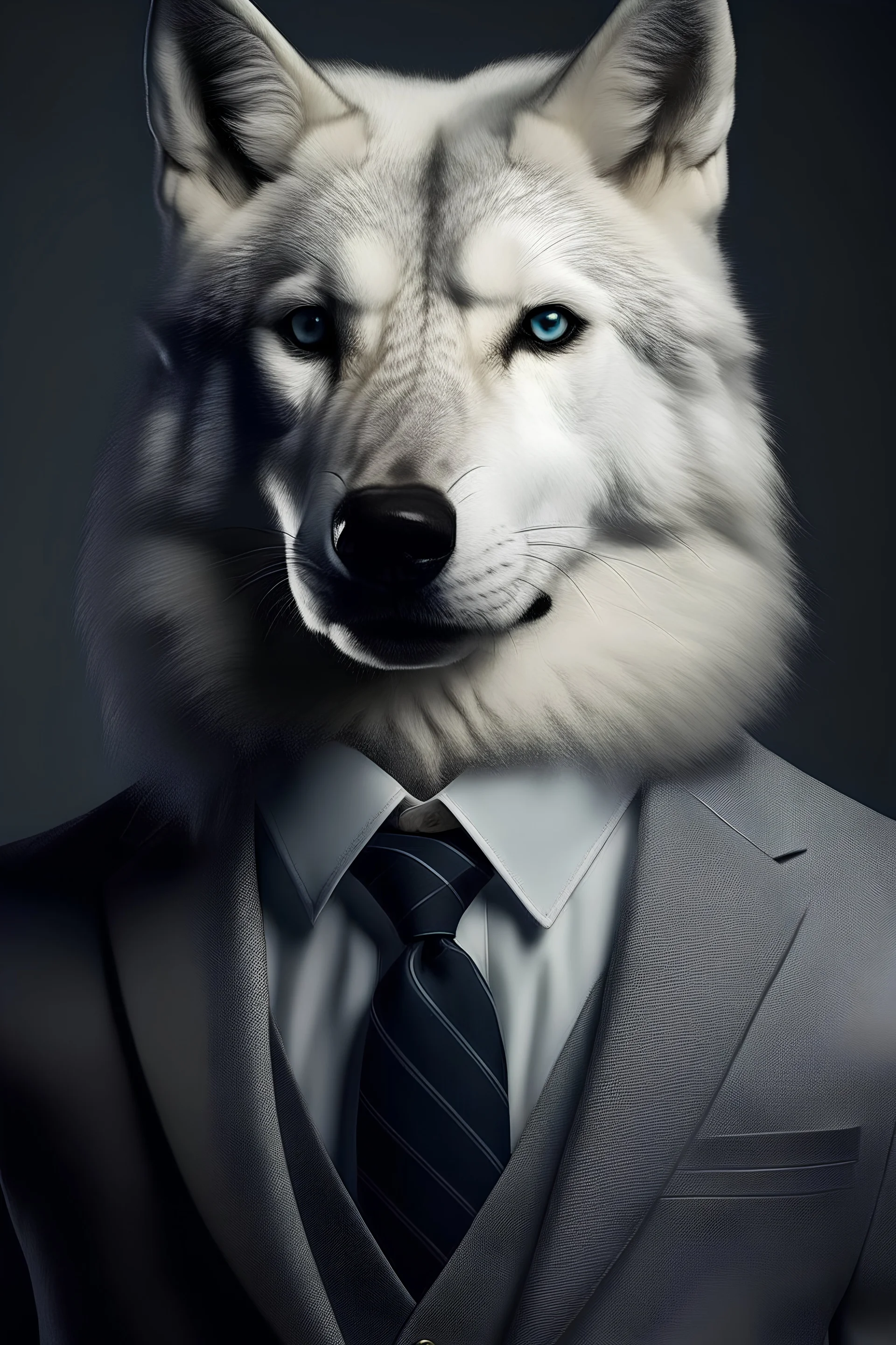 White wolf dressed in an elegant suit with a nice tie. Fashion portrait of an anthropomorphic animal, shooted in a charismatic human attitude