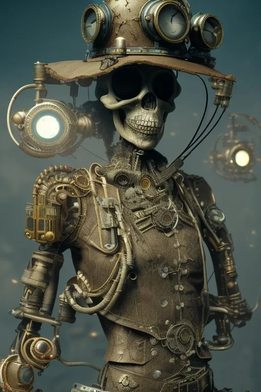 steampunk , gaspunk skeletion cowbow,post-apocalytic setting, volumetric lighting, particals, intricate detail,realistc, close up