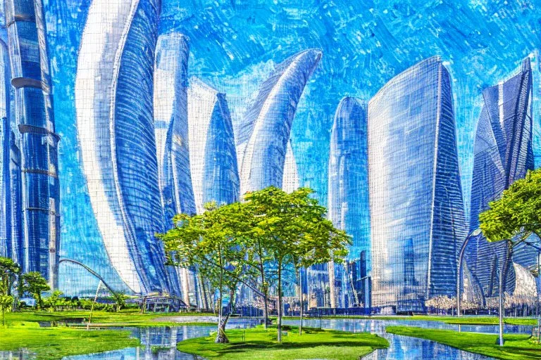 Sunny Day, futuristic buildings near the tree and lake zone, sci-fi, tendency to impressionism, realistic vision