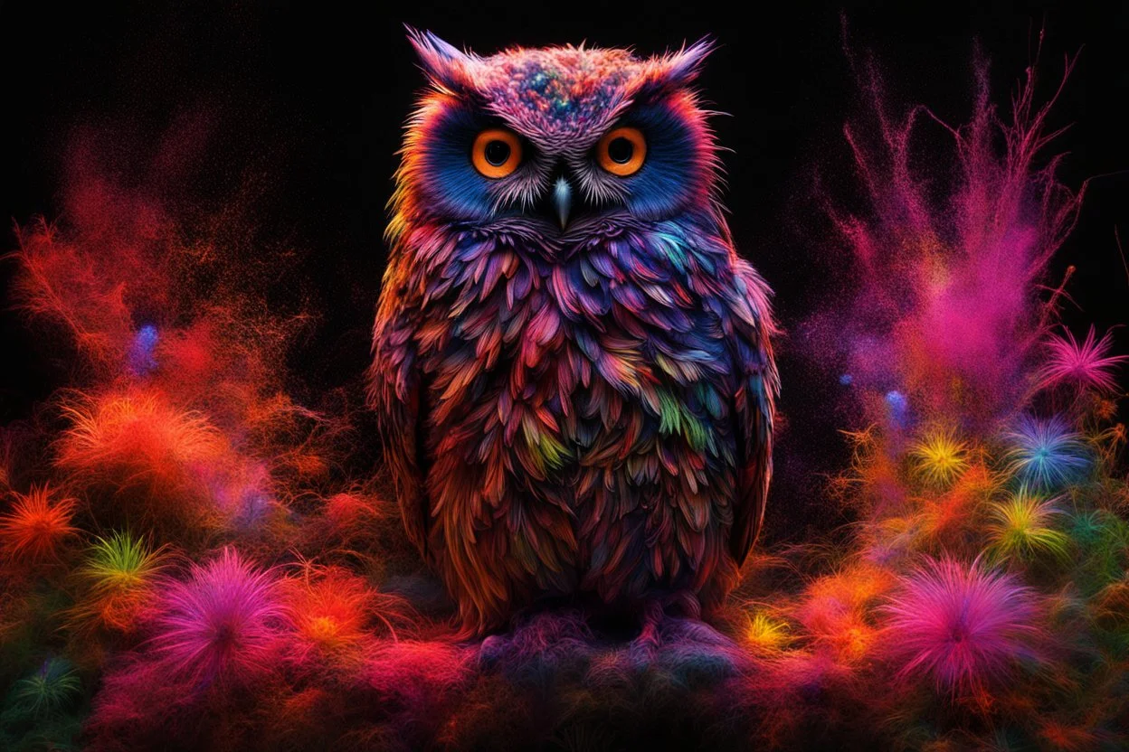 flowergarden, bodyscape double exposure owl portrait of a colorful intricated flowergarden, forest and colorful stars of sparks on the front of an insanely beautiful fluffy owl body with colorful fur of fluorescent light emitting fiber optics, standing in a dark place, playing with the fur, fluorescent pigment body painting style by John Poppleton and Bob Ross, diffused lighting, double exposure, blend, illusion, octane render, digital painting, extremely detailed, Award winning photography, 8k,