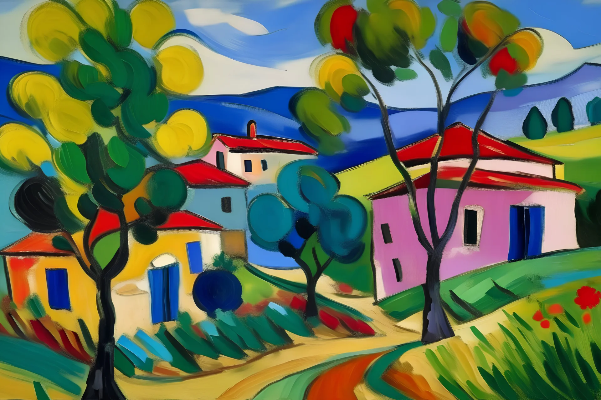 A village with windmills and olive trees painted by Alexej von Jawlensky