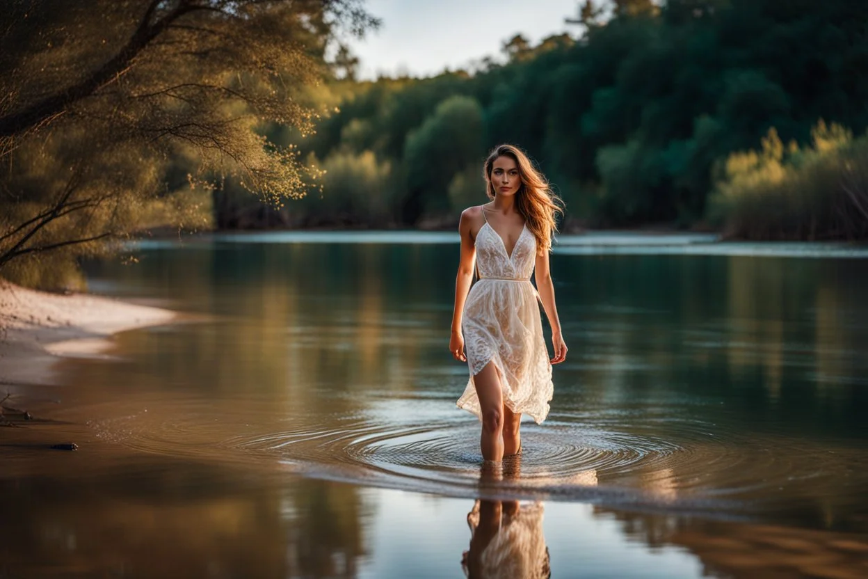 beautiful girl in pretty dress walking in water toward camera in trees next to wavy river with clear water and nice sands in floor.camera capture from her full body front