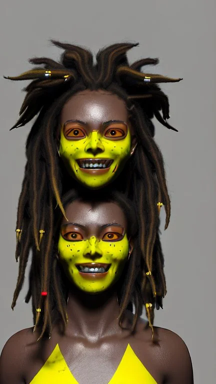 A woman has dark skin, yellow eyes and black dreadlocks. Her face has a slying smile, showing her superiority in the eyes of others. She is dressed in a steel armor with a few pieces of yellow and green fabric sticking out.