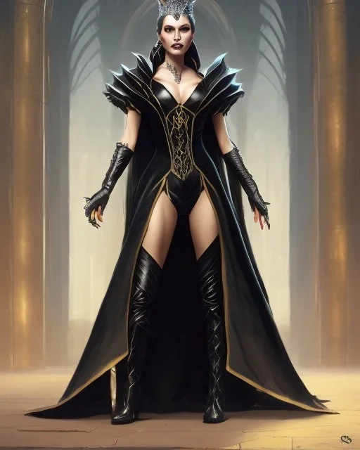 old evil queen in black leather gown, femme fatale, volouptous, busty, cleavage, angry, emperious, 8k resolution concept art portrait by Greg Rutkowski,