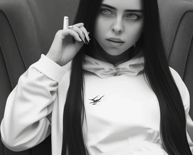 Billie Eilish, sitting on a chair, Black Short Dress, high detail, realistic, 8k