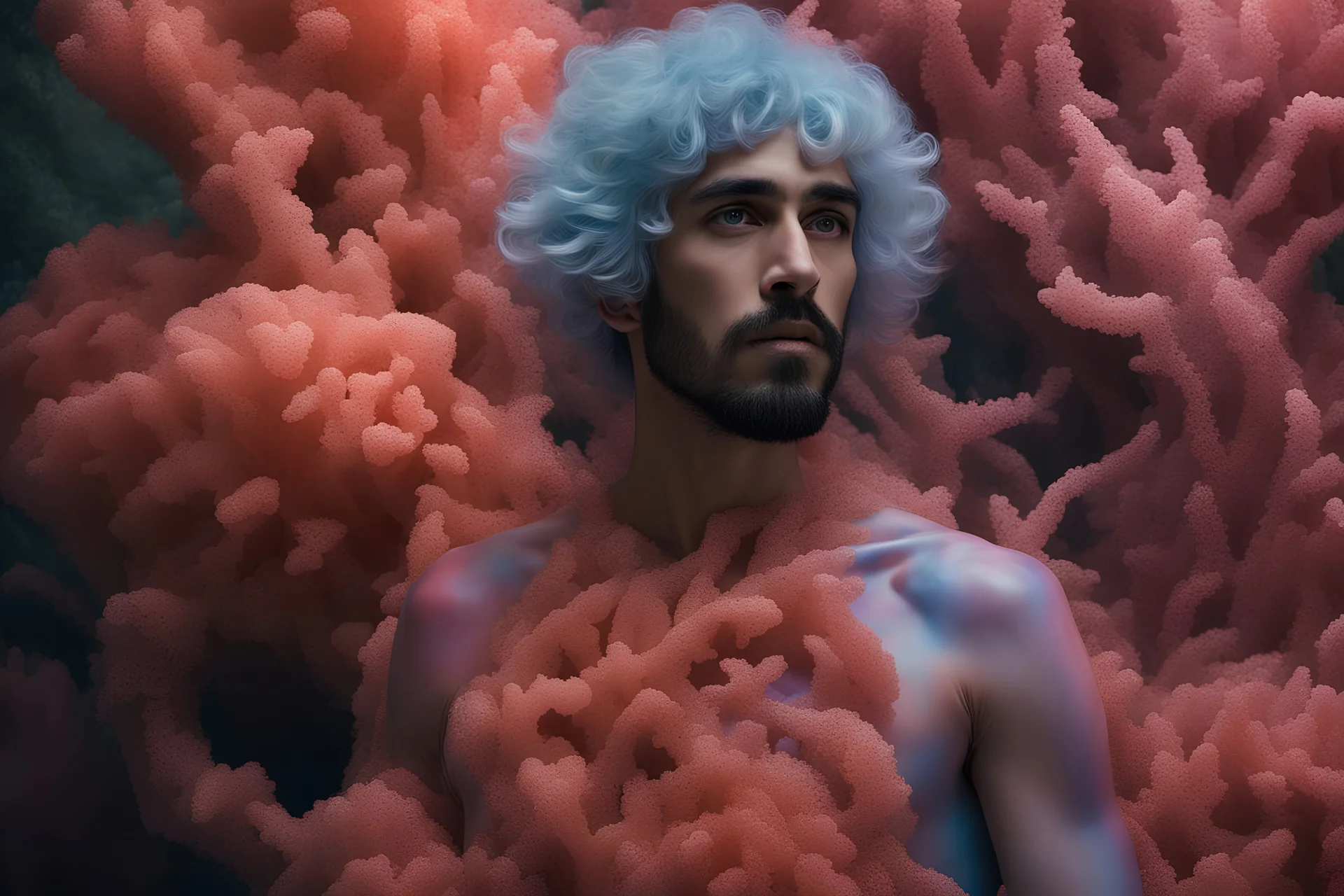 Hiper-realistic religious holy full body meditation photo, young blonde beard Dev Patel dressed as a 3D-printed parametric Iris Van Harpen biofluorescent peachy Jelly tight-fitting body-paint costume, translucent silk glitter stole, opalescent, in the stunning Misty Rocky Sponge Anemones Coral Forest, professional National Geographic photography