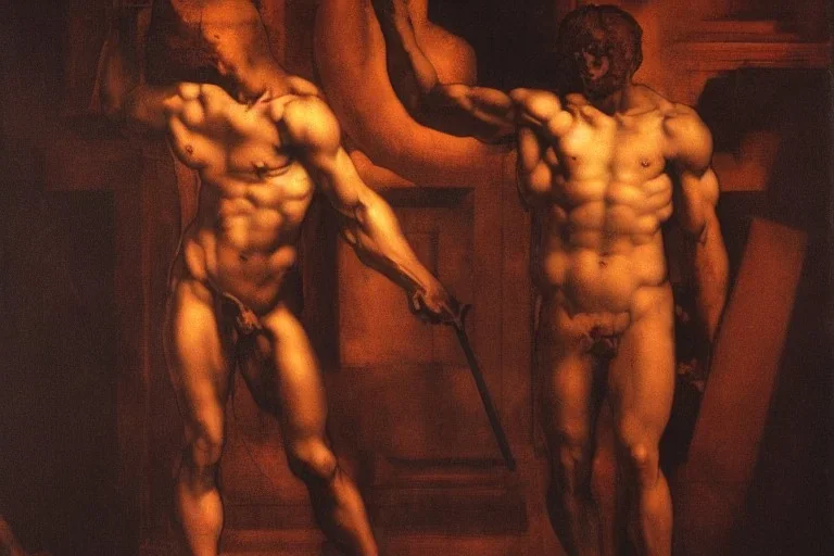 Church executioner, Fire theme art, Dark moody night atmosphere, by Michelangelo, 8K, high body details, anatomically perfect bod, ignore NSFW