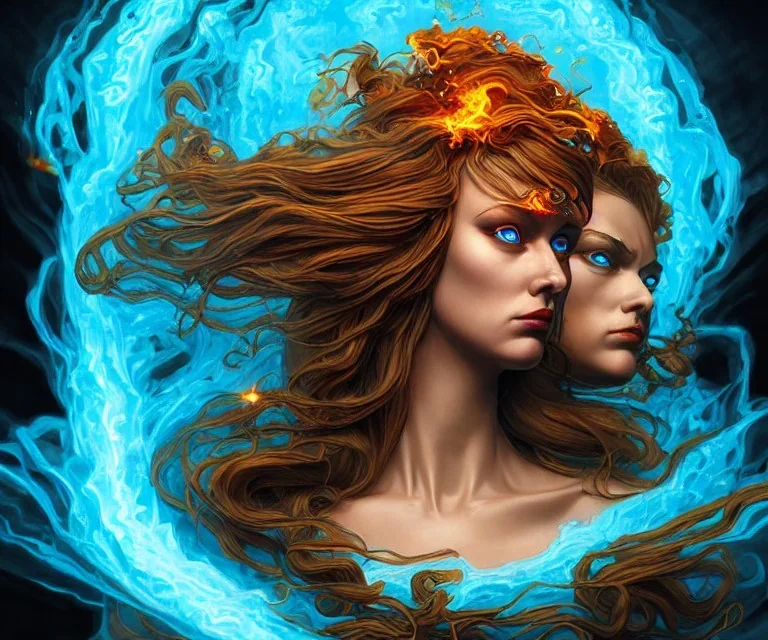 Four doll divine representing the four elements. One:Fire, Two:Earth, Three:Air, Four:Water. Mark Brooks and Dan Mumford, comic book art. Detailed photograph. Insanely intricate face, long hair. Unreal Engine 5 volumetric. Fantasy art album cover HD resolution