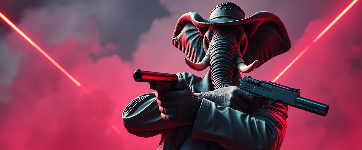 cute pen outline with some neon airbrush, let create a crazy wild elephant mind bending man holding guns with crossed arms and doing dangerous stuff - dynamic camera push-in revealing intricate details in motion. Epic cinematic wide-angle camera swoops down, hazy neon background with gritty border