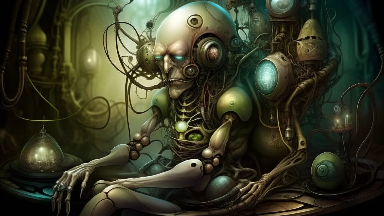 A surreal and fantastical image depicting a strange, humanoid creature with a large, bulbous head and distorted facial features, sitting in what appears to be a mechanical or technological device, surrounded by various abstract and organic elements. The overall style and composition suggest a dreamlike, imaginative, and unsettling atmosphere.