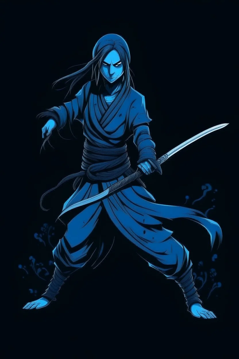 female blue ghost wielding a katana in one hand, dark style