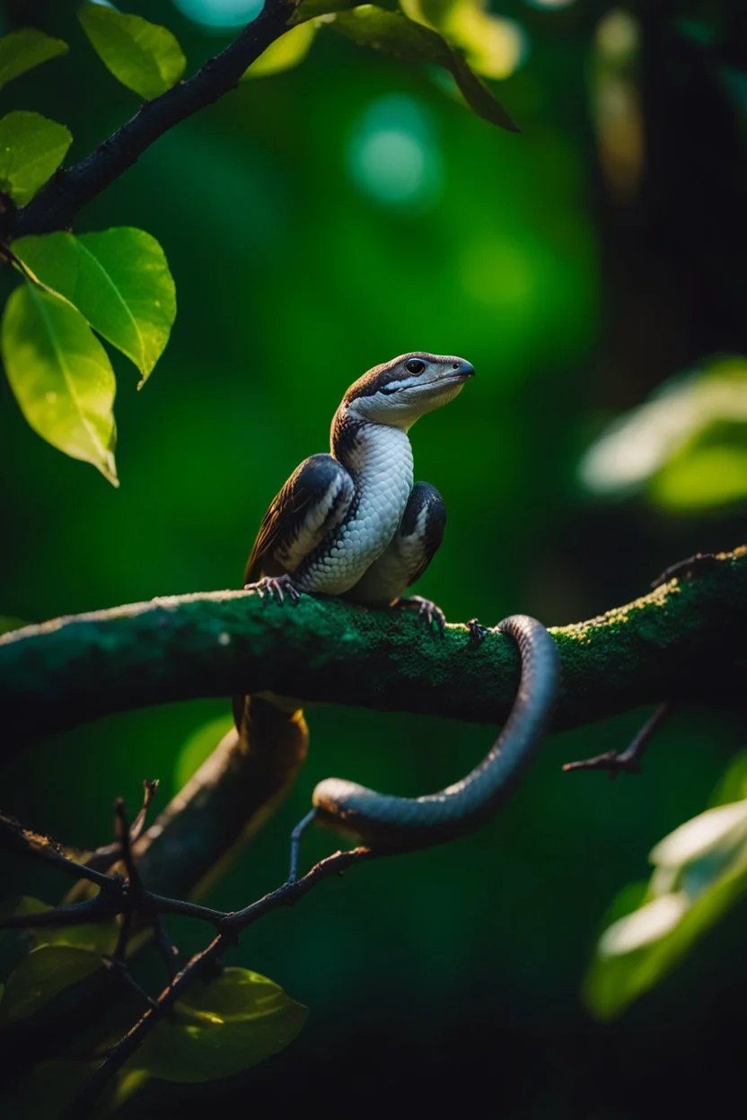 a snake sitting on top of a tree branch came after a sparrow sitting on the top of the tree surrounded by green spring leaves, crepuscular , a snake on the branches crawling behind the bird ,lighting, unsplash photography, BOKEH shot style of time-lapse photography, fujifilm provia 400x, 100mm lens, luminous shadows, renaissance-inspired , home and garden, wildlife nature photography, HDRI.