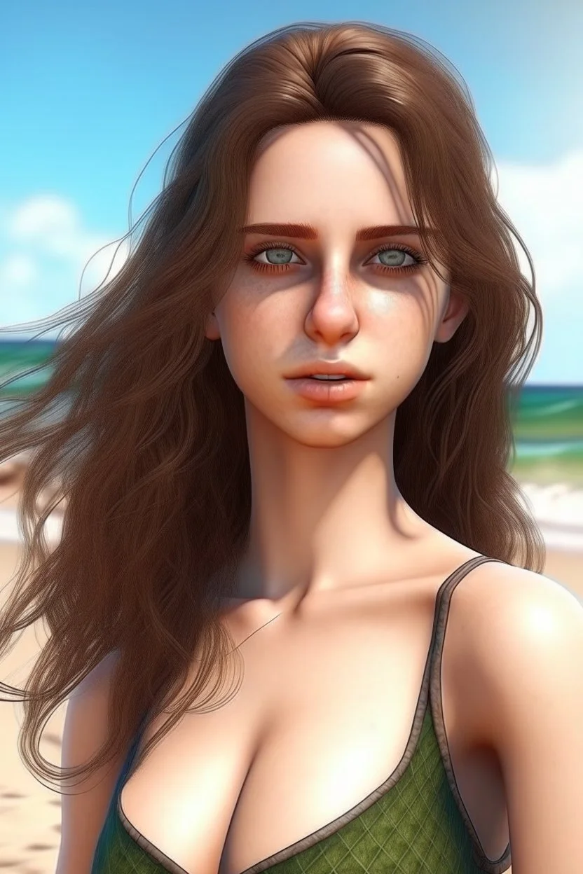 Frau, 26-jährig, realistische Haut, realistische Haare, lasziver Blick, grosse augen, bikini am strand.