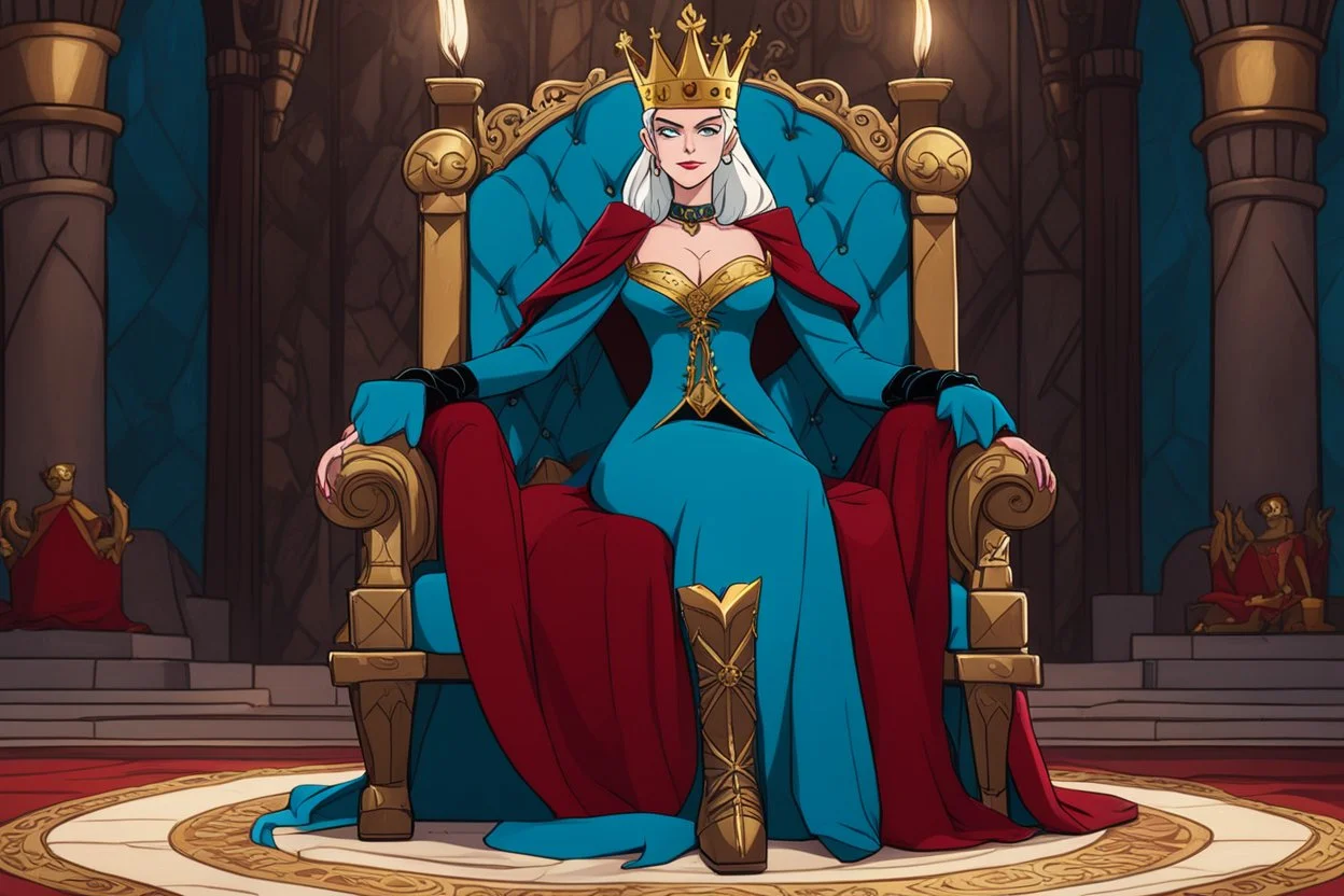 [Disenchantment] queen Dagmar on her throne in agent provocative, ready with her gold crown, red cape, blue corset, cyan dress, leather boots