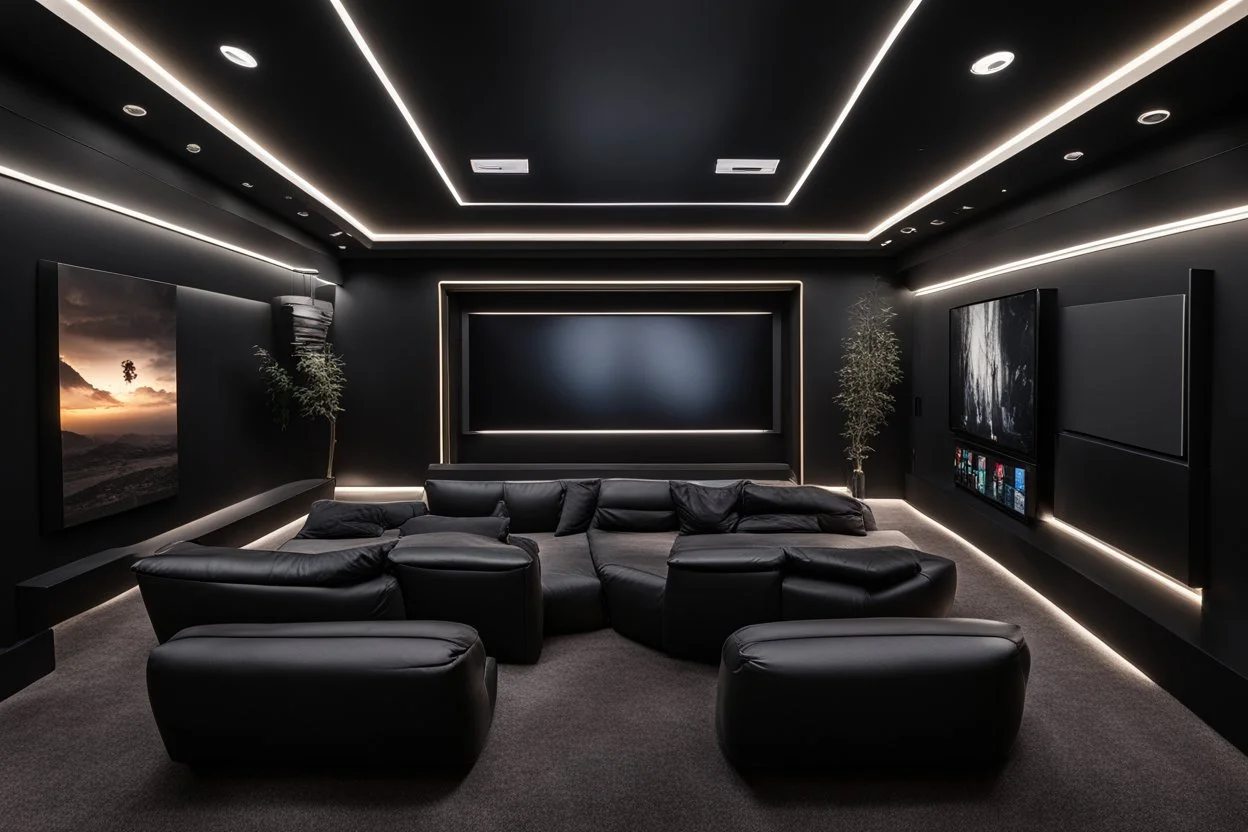 a black themed dedicated home cinema room with LED ambient lighting in the walls make sure the room is completely symmetrical