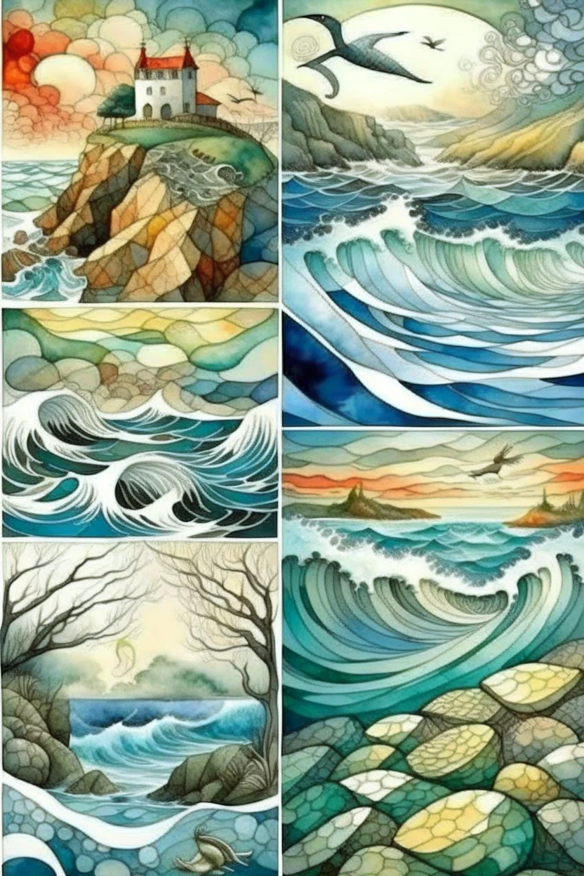 stormy sea, glorious nature watercolor patchwork by Picasso and Jacek Yerka and Daniel Merriam and Enki Bilal