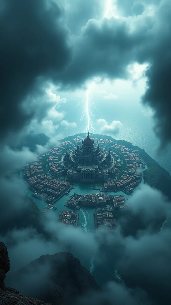 Top view of the city of Atlantis , very high , stormy, clouds ,thunder .
