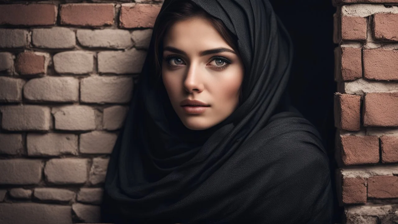 Hyper Realistic Young-Beautiful-Pashto-Women-With-Beautiful-Eyes-giving-bold-expressions in black shawl peeking-half-faced from a cracked-brick-wall at night with dramatic & cinematic ambiance