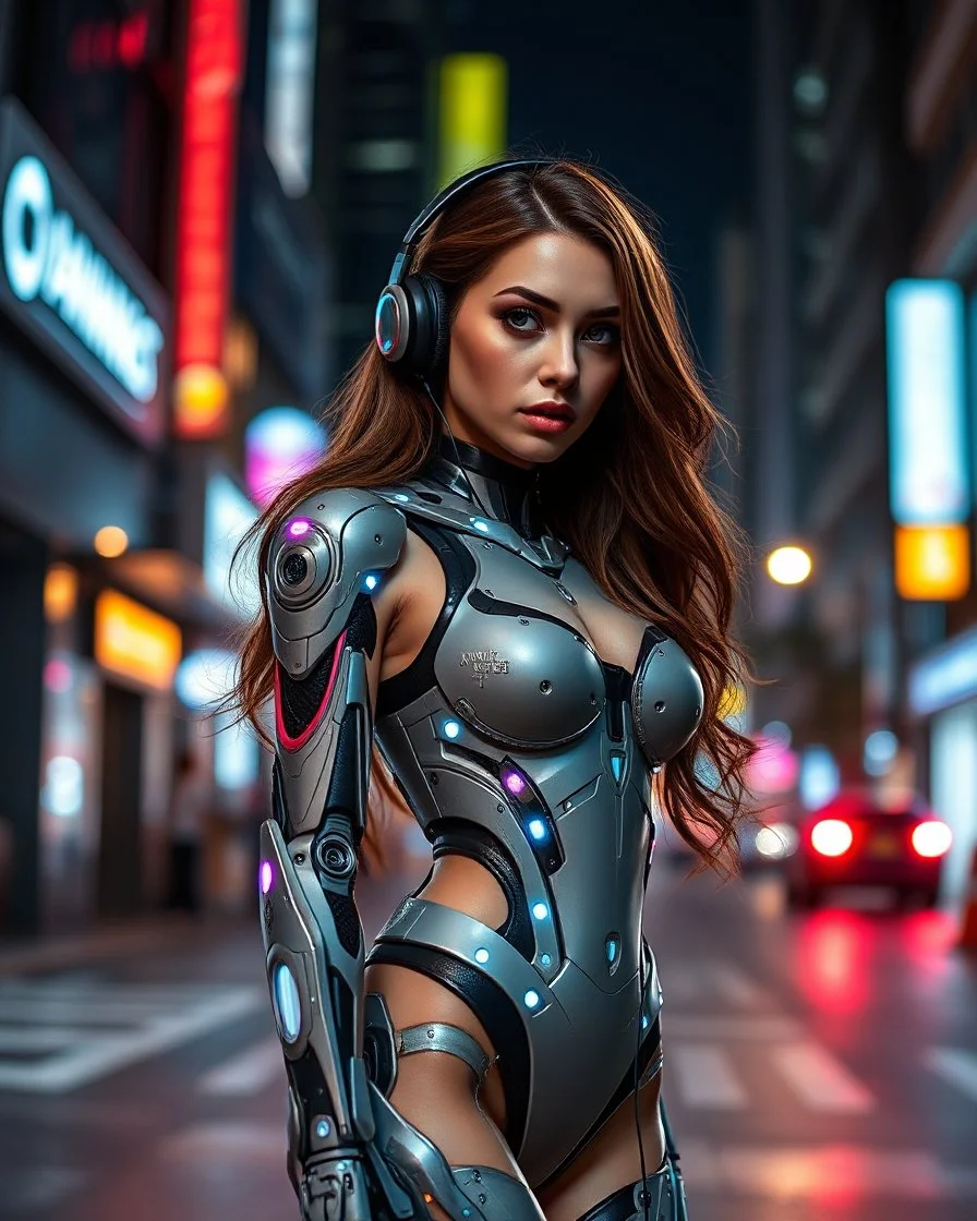 Full length image Full body Beautiful woman super model brown long hair wearing earphones science fiction style humanoid half with full body cyborg mechanicals and cybernetics lights,she on standing sweet pose futuristic city night street background