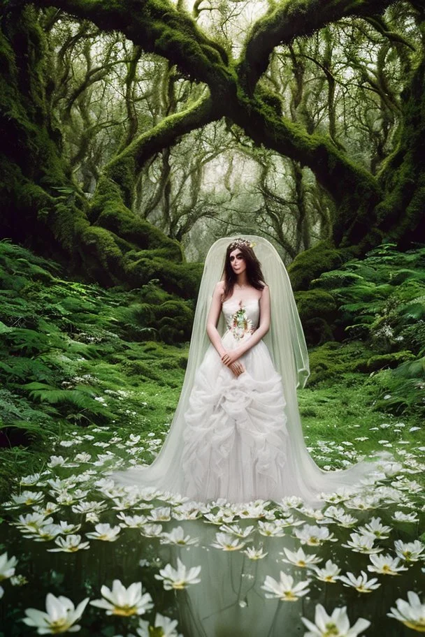 Masterpiece1:3), an ethereal and luminescent photo that mirrors the fantastical works of Tim Walker and Annie Leibovitz. Of an / ethereal sprite / in an / enchanted forest // wearing an intricately designed floral gown. / Emphasize glamor photography intertwined with fairytale storytelling and magical vignettes, illuminated by soft, dreamlike lighting with Artistic Vision, (Sheer Artistry:1,5). Shot with a Hasselblad X1D, Fujifilm Velvia 50, supreme quality, 8k, vogue, levitation.