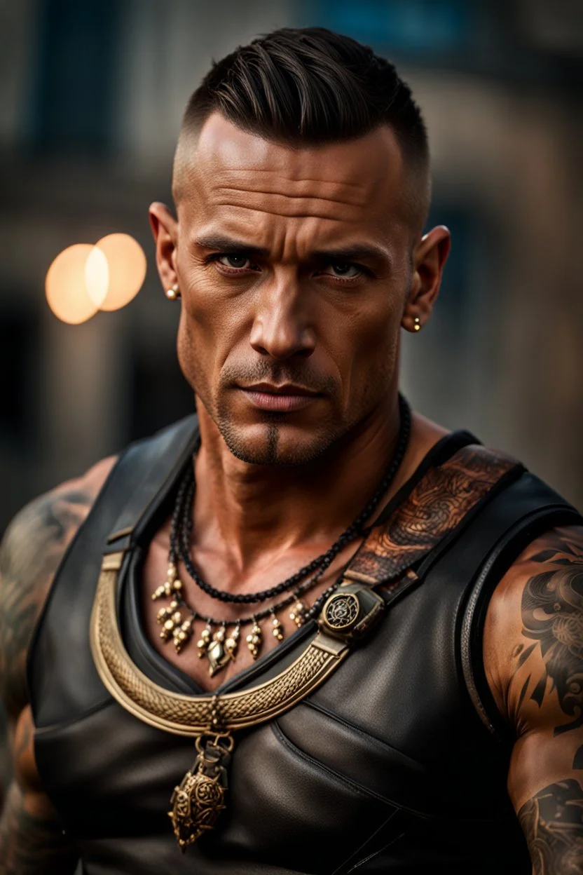 portrait of a 35 year old Handsome muscular mercenary with light bronze skin adorned with tattoos. photorealistic