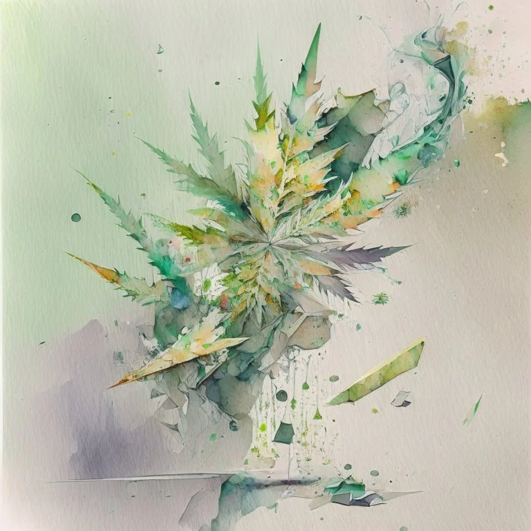 Incorporate crushed weed as scattered fragments across the composition, resembling abstract shapes and textures., watercolour sketch