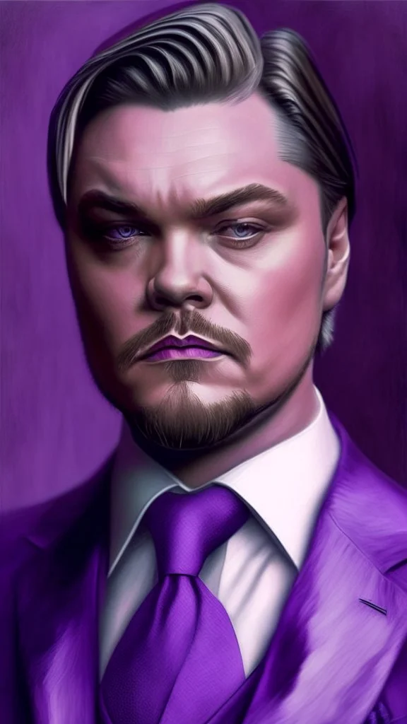 leonardo dicaprio look a like portrait ultra realistic in suit, purple colors