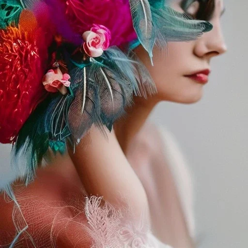 delicate bouquet of lace pearls and feathers, chiaroscuro, vivid colors, festive colors, dramatic lighting, beautiful composition, aesthetic layout