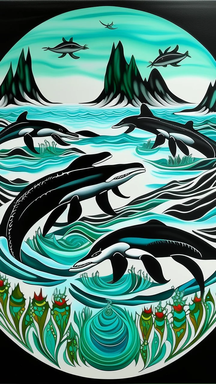 A turquoise glacial ocean with orcas designed in Navajo baskets painted by Arthur B. Davies
