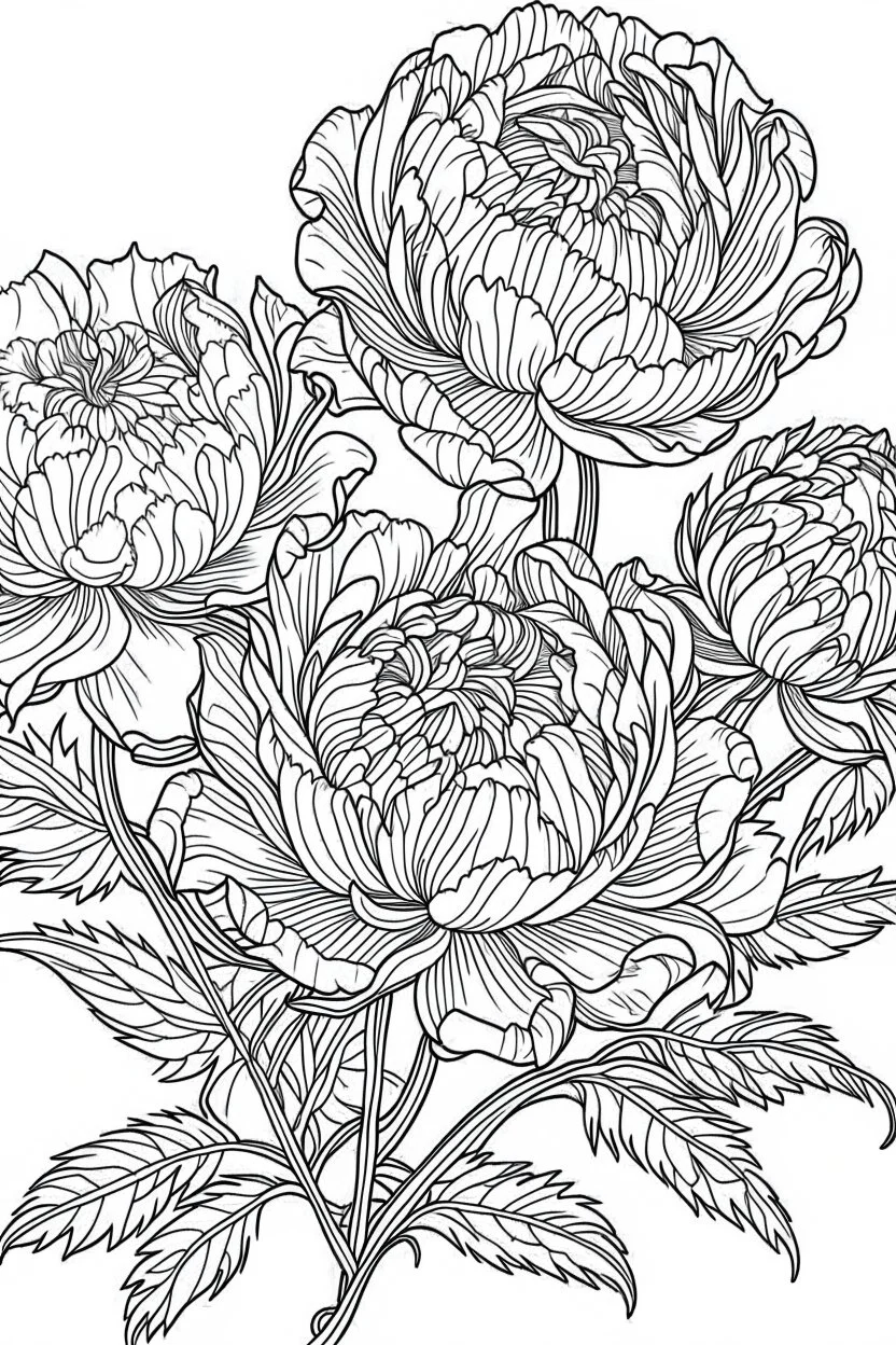 Outline art for coloring page, PEONY FLOWERS WITH STEMS, coloring page, white background, Sketch style, only use outline, clean line art, white background, no shadows, no shading, no color, clear