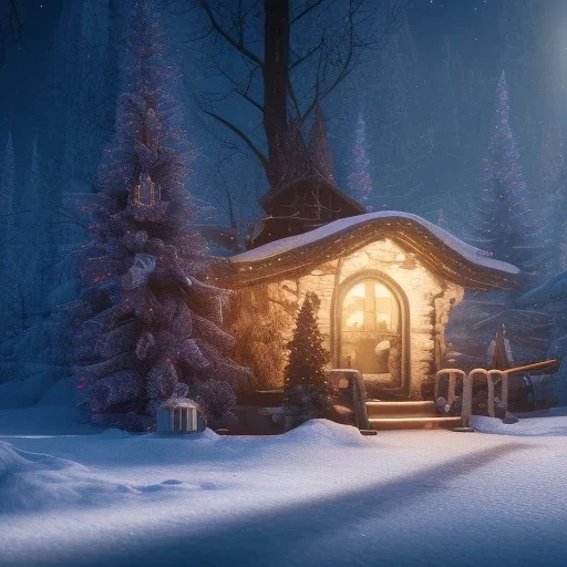 Mysterious christmas night, a small lonely hut, surreal atmosphere, cosmic backdrop, celestial ambience, soft lighting, very chilly appearance of the surroundings, unreal engine 5 volumetric lighting, intricate details, realistic style, 8k resolution