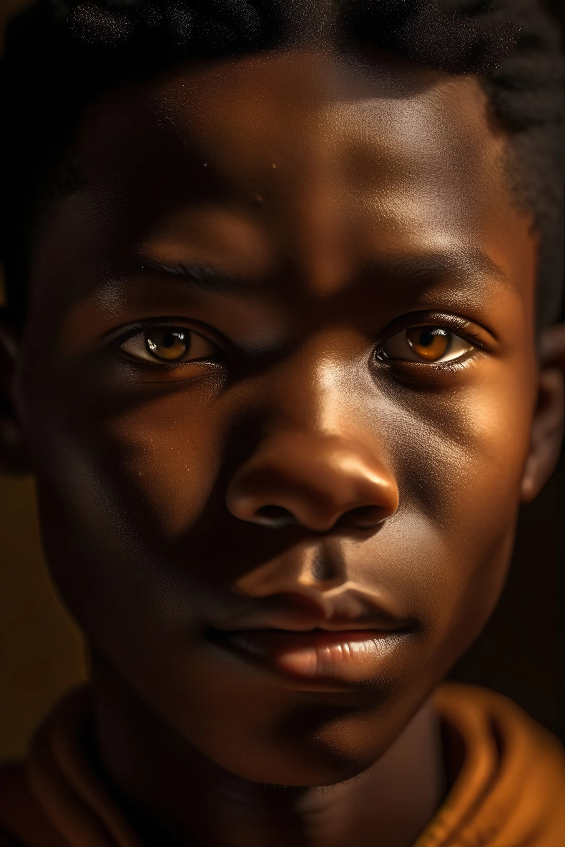 Close up portrait of an african teenage boy, Exquisite detail, 30-megapixel, 4k, 85-mm-lens, sharp-focus, f:8, ISO 100, shutter-speed 1:125, diffuse-back-lighting, award-winning photograph, small-catchlight, High-sharpness, facial-realistic