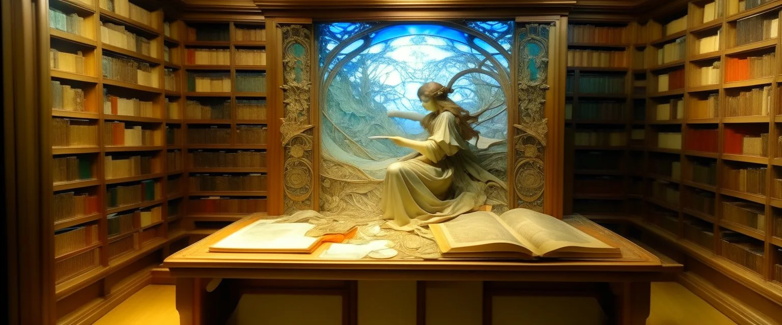 working at the endless library diorama by alphonse mucha