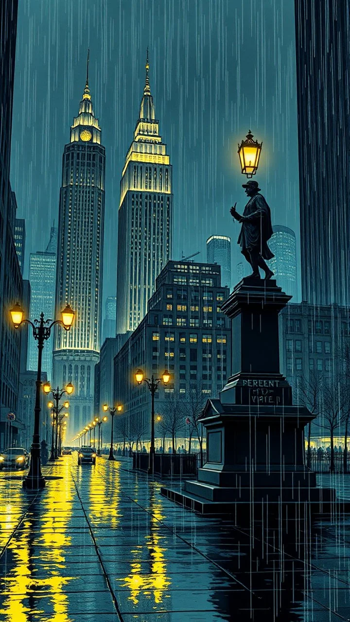 An atmospheric, noir-style illustration of a rainy cityscape at night, featuring glowing streetlights reflecting off the wet pavement, towering Art Deco skyscrapers, and a statue evoking a sense of intrigue and timelessness.thin line draw