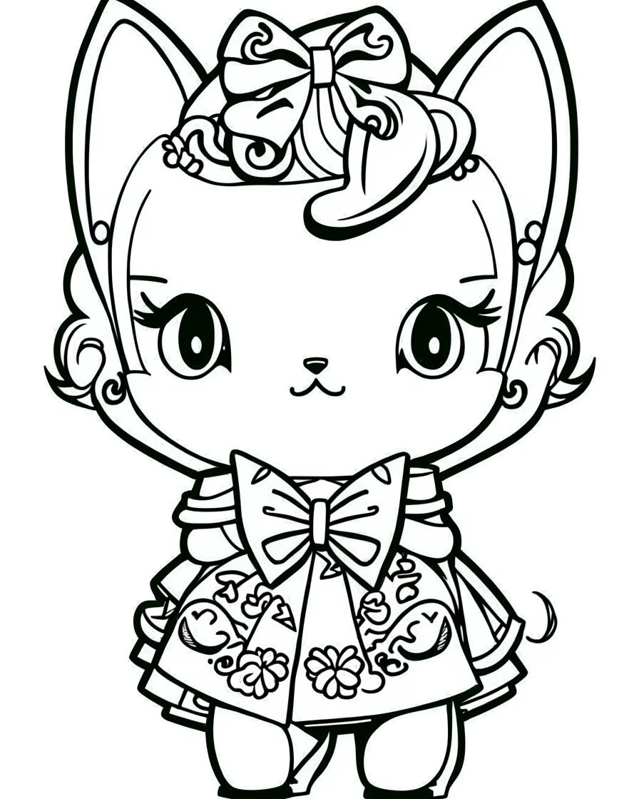 outline art for real Hello Kitty coloring page, Japanese manga style, cartoon style, cute face, white background sketch style, full body is a must, only use outline, clean line art, no shadow, bold outline