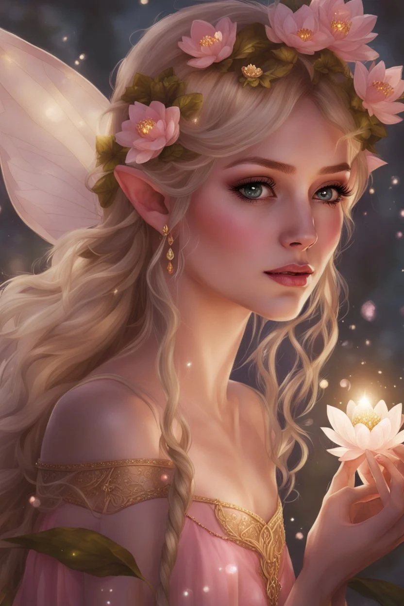 Pointed elven ears,Blonde hair ,Pink dress,Sparkling fairy wings,Very long golden hair,Fairy crown,pointed ears,elven ears,fairy wings,water lilies,sparkling,glittering,flowers,blossoms,golden crown,light pink dress