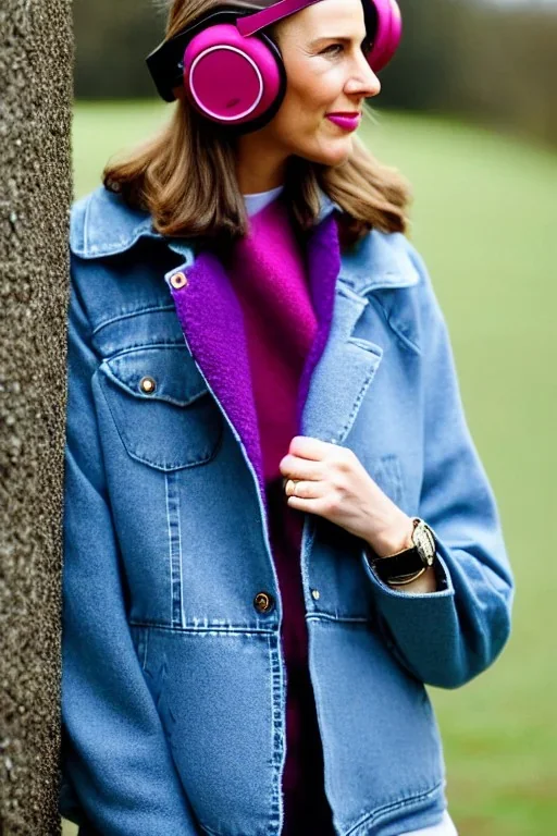 Fresh woman, no make-up, plum-blue-magenta-camouflage jacket. Old-fashioned things like CD's, microphone integrated to mask! Wool/leather visor to tippet, AKG headphones, golden rings. materials are denim, leather and felt cloth mixed. Fashion 1990's. Venue is a small old farm in the middle of the nature, Chicken and cockatoo, Natural Light. Possible colors: Cream white, zinc plate, red ochre, ochre. Thick tights. Thick calves. wide hip