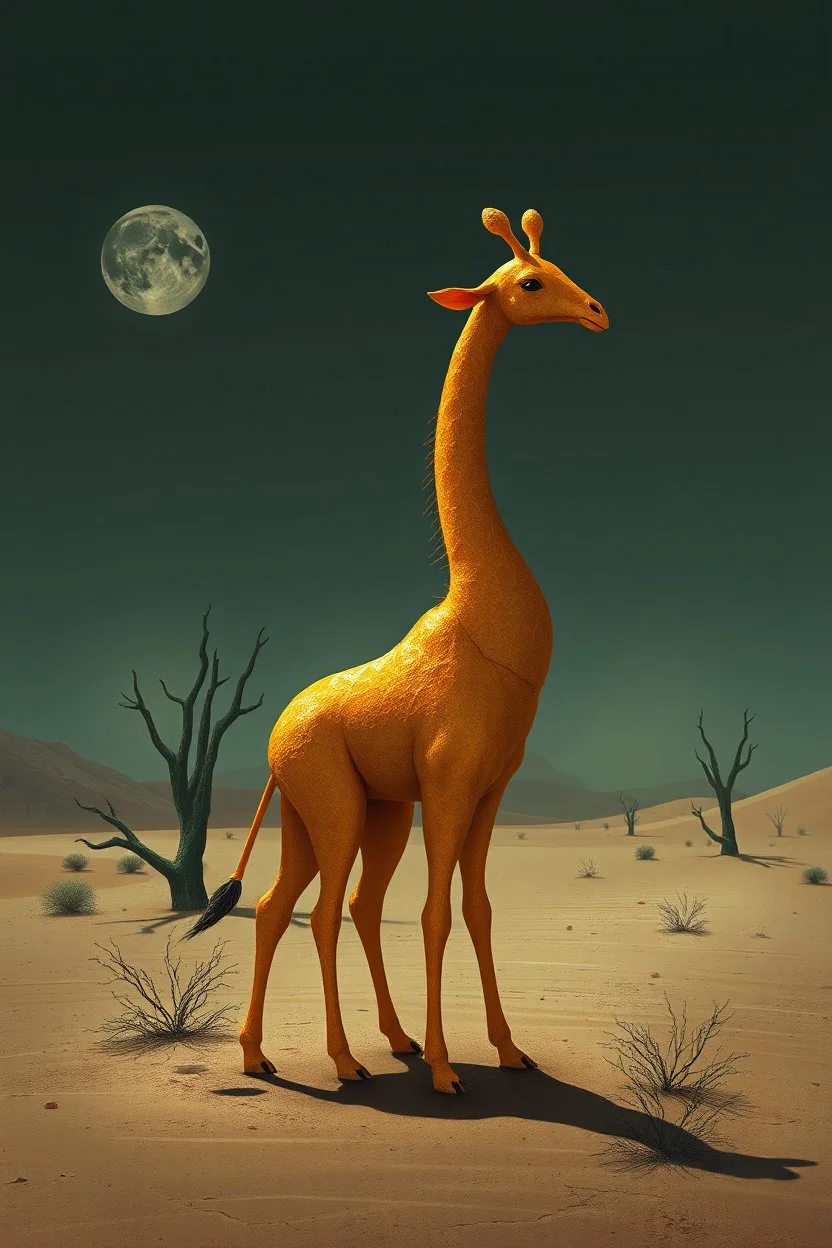 digital Illustration, Enhance the surrealism in the scene with the anthropomorphic orange peel rind spiral giraffe-looking creature, emphasizing the spare less is more, peel sculpture with negative space, set in a dramatic, eerie desert to create a more profound and impactful visual.