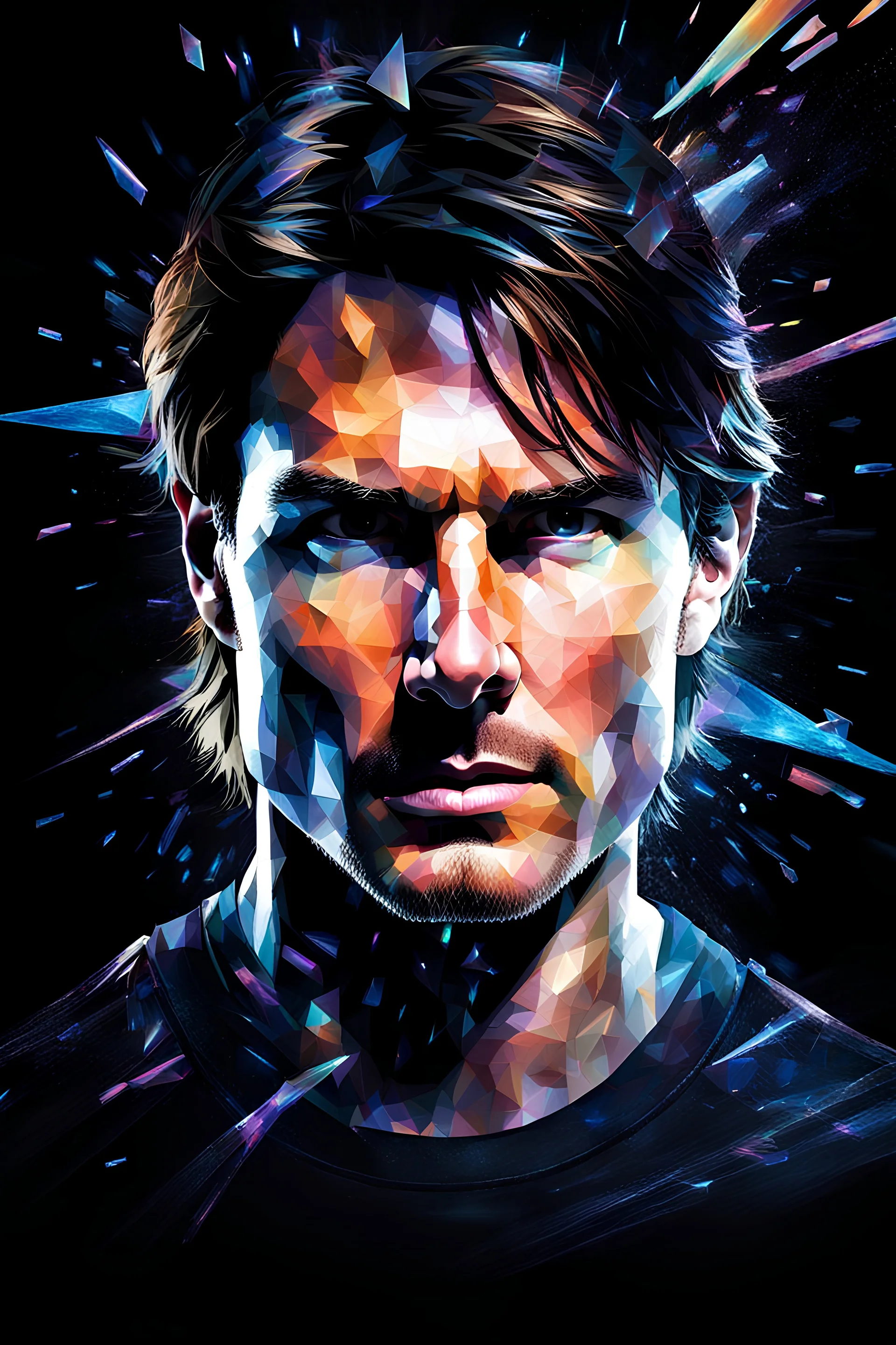 Tom Cruise facial portrait - pitch-black background with a blue glowing overhead spotlight effect, multicolored shards of ice, splashing water, prism effect, mosaic effect, time travel, space voyages, superheroes, moving really fast