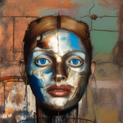 an abstract painting of rusted clocks, by lucian freud, rust, scaffolding, iron cladding, decay, mixed media, textured, anatomically correct, beautiful woman perfect face, blue eyes, sharp focus, highly detailed