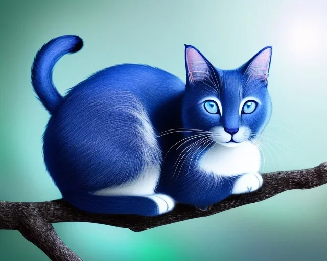 a detailed illustration of a dark blue cat sitting on a tree branch, luminescent body, glinting spread wings, realistic, soft and smooth glowing wings, soft feathers, macro lens, sharp focus, meticulously detailed, soft studio lighting, smooth blurred gradient evening sky background, 64k