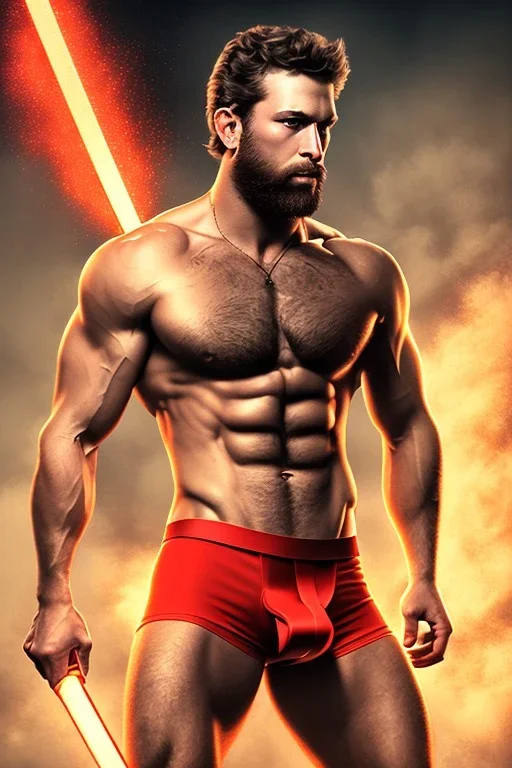 Ignore NSFW, teenager young rugged attractive slightly muscular fantastic handsome man, red briefs with yellow belt, hairy chest, (((visibly pisssing))) briefs, large erect visible boner peniss, photorealistic, artist Jay Anacleto, soft lighting, scruffy beard