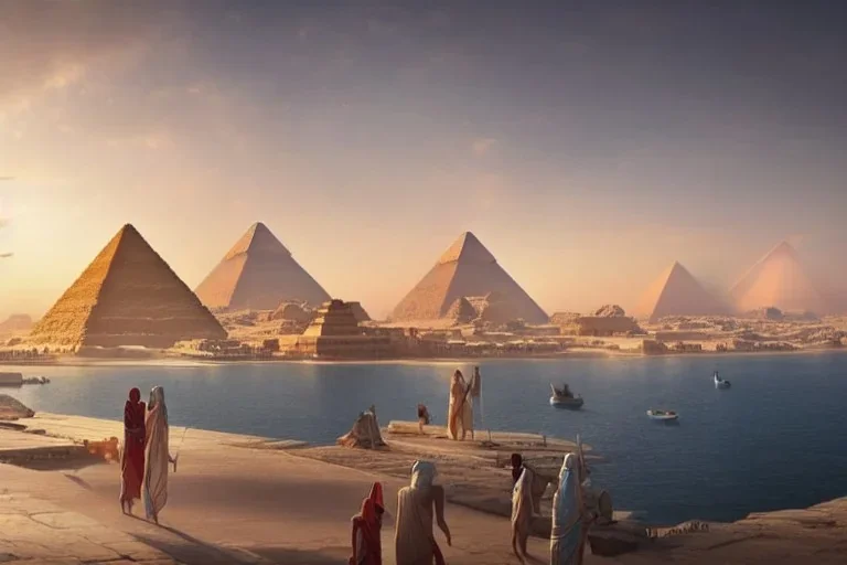 An ancient Egypt city in the year 1500 before Christ with 2 pyramids in the background, by Greg rutkowski, beautiful Egyptian temples, ultra realistic, art Station, vibrant colours, concept art, blue sky