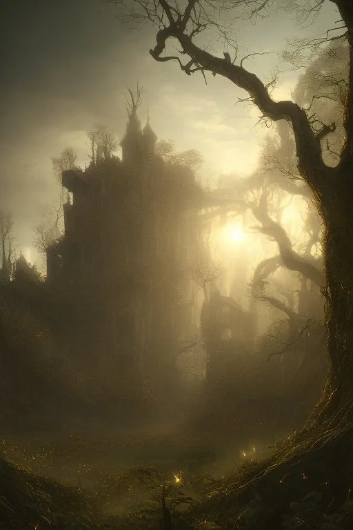 Creepy image, Giotto landscape, 8k resolution, intricate details, ornate details, volumetric light, sun