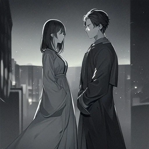 anime couple with day on one side night on the other, stormy night on one half, sunny day on the other half,ballancing scale, couple is standing back to back, the back ground is a busy city