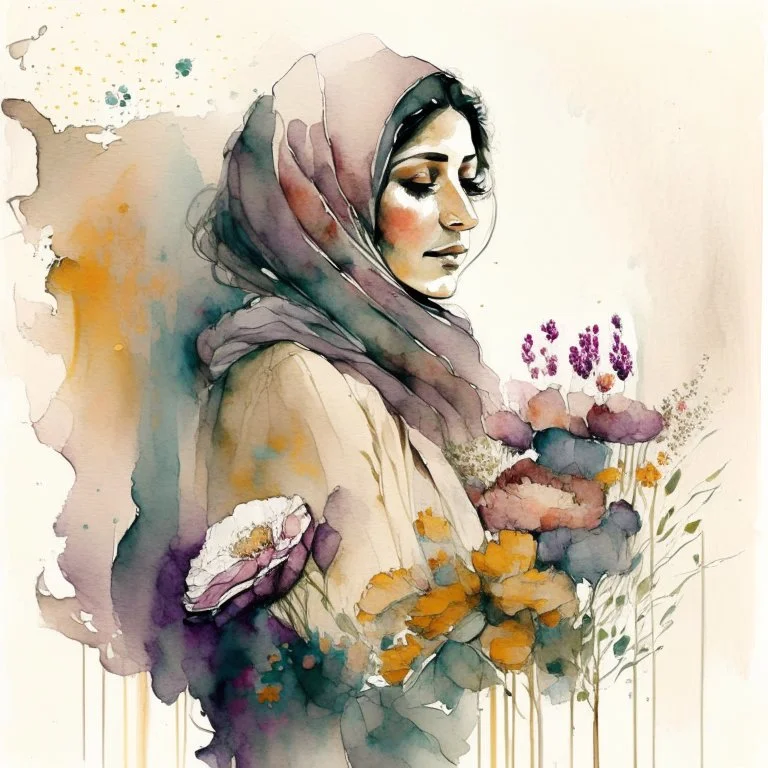 woman,life,freedom,iran hand-drawn watercolor, muted tones, flowers everywhere, REALISTIC