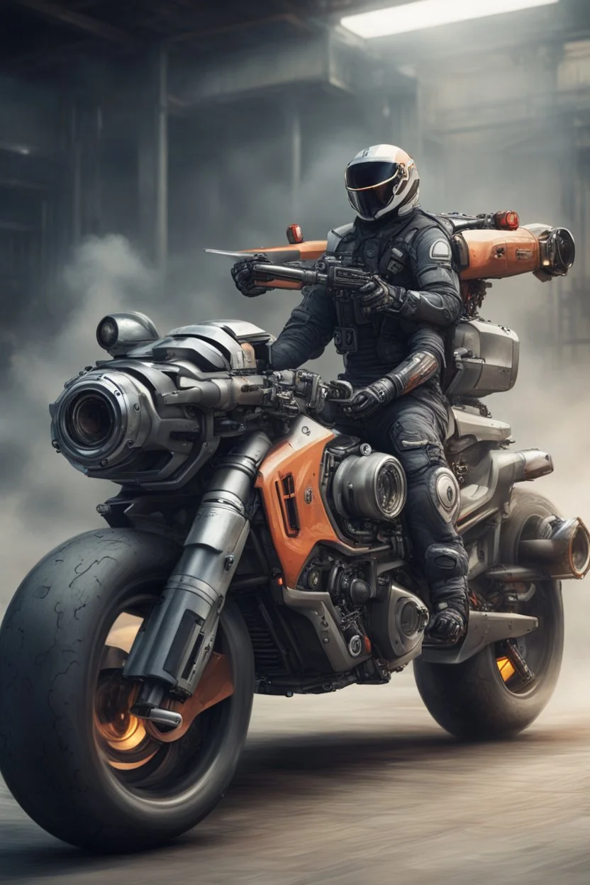 An advanced motorcycle with four wheels and a turbo jet in the back with rockets and machine guns