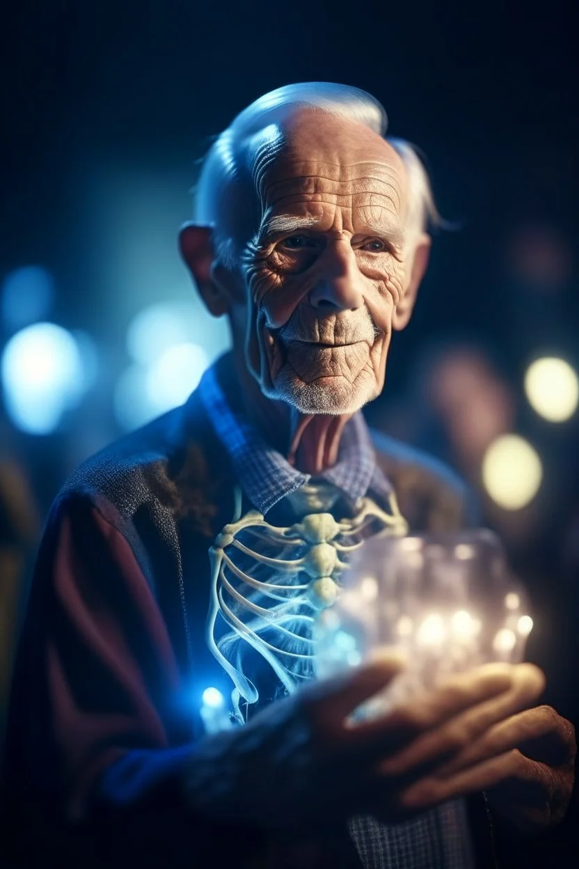 portrait of flashy transparent old man showing of his glowing skeleton, zeiss prime lens, bokeh like f/0.8, tilt-shift lens 8k, high detail, smooth render, down-light, unreal engine, prize winning