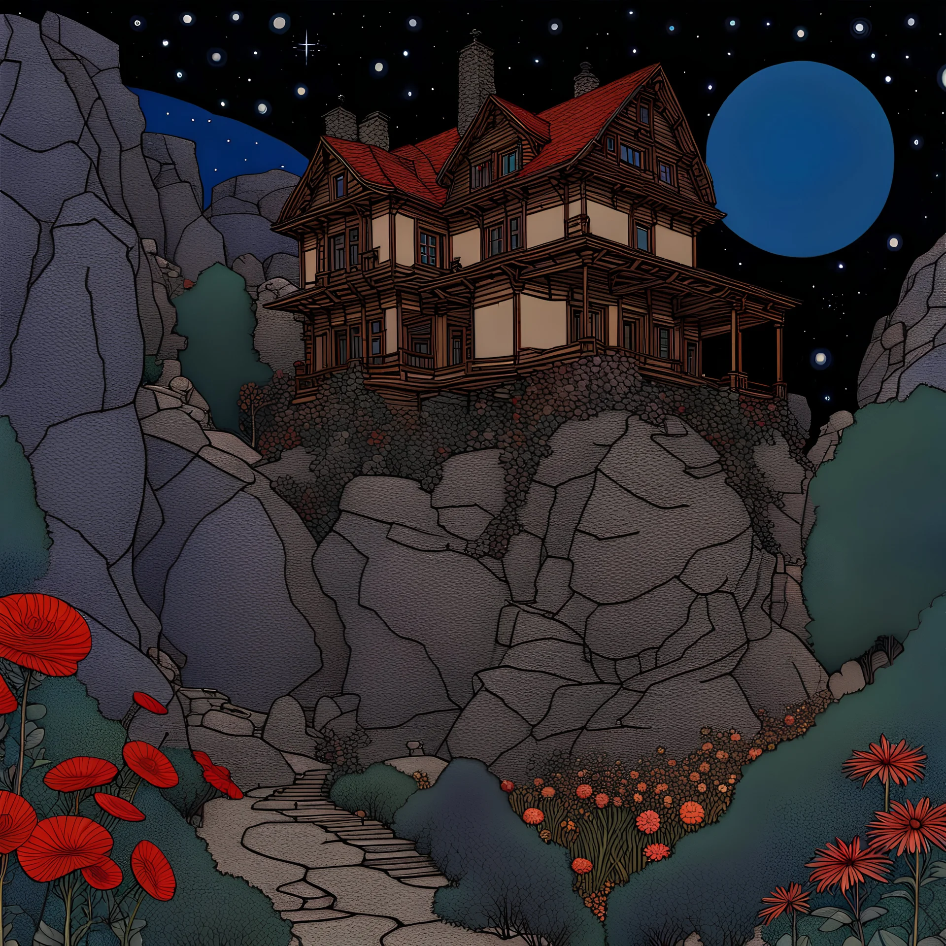 Colourful, peaceful, Egon Schiele, Max Ernst, night sky filled with galaxies, planets, and stars, house, rock formations, trees, flowers, one-line drawing, sharp focus, 8k, deep 3d field, intricate, ornate