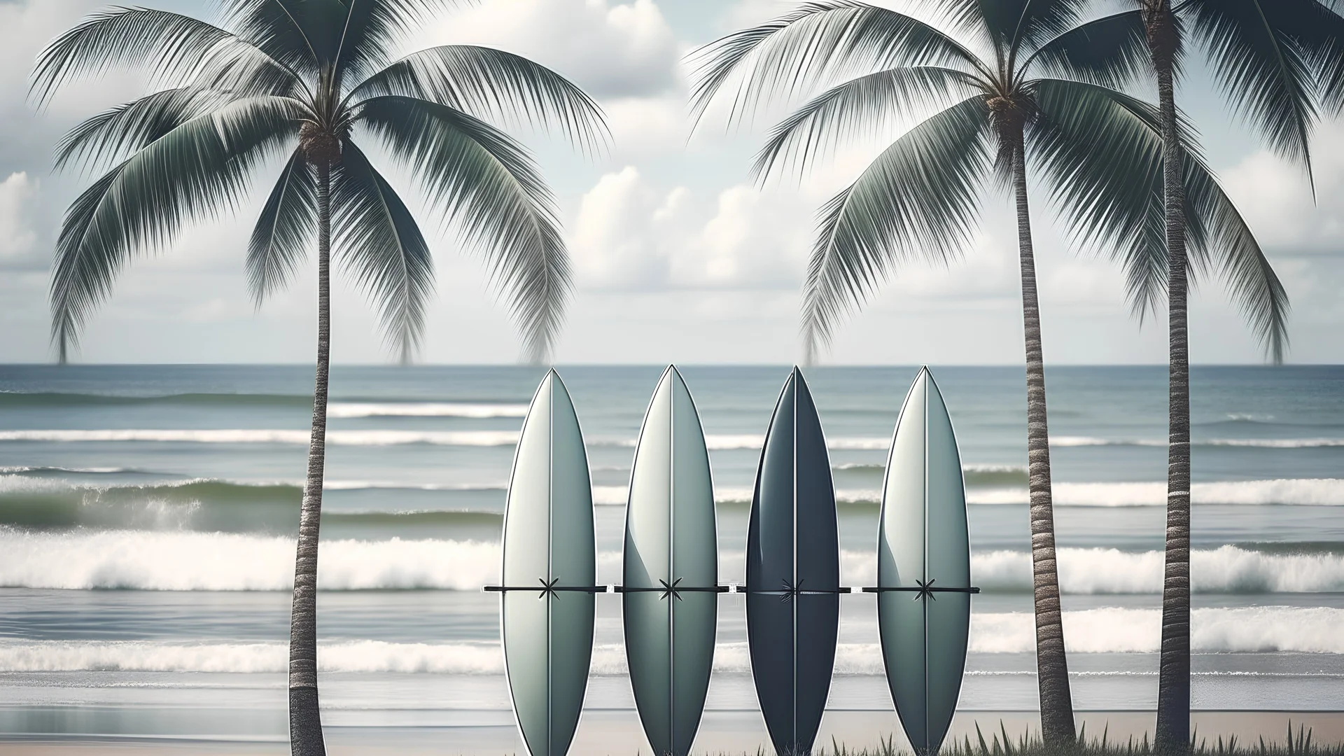 Image of coconut trees and beach and surfboard